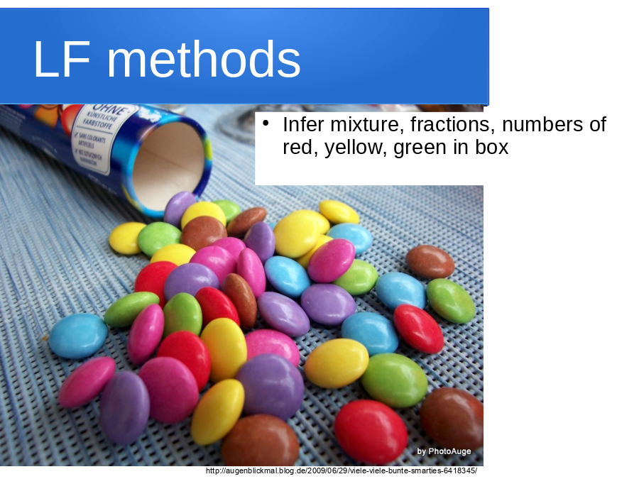LF methods
http://augenblickmal.blog.de/2009/06/29/viele-viele-bunte-smarties-6418345/
Infer mixture, fractions, numbers of red, yellow, green in box