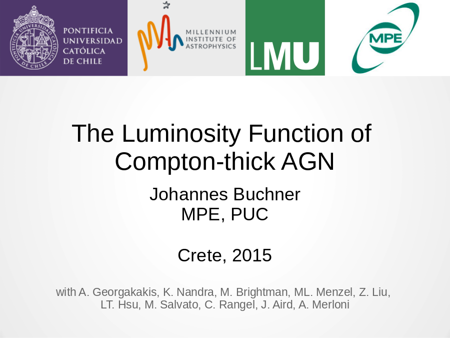 The Luminosity Function of 
Compton-thick AGN
Johannes Buchner
MPE, PUC
Crete, 2015
with A. Georgakakis, K. Nandra, M. Brightman, ML. Menzel, Z. Liu, 
LT. Hsu, M. Salvato, C. Rangel, J. Aird, A. Merloni