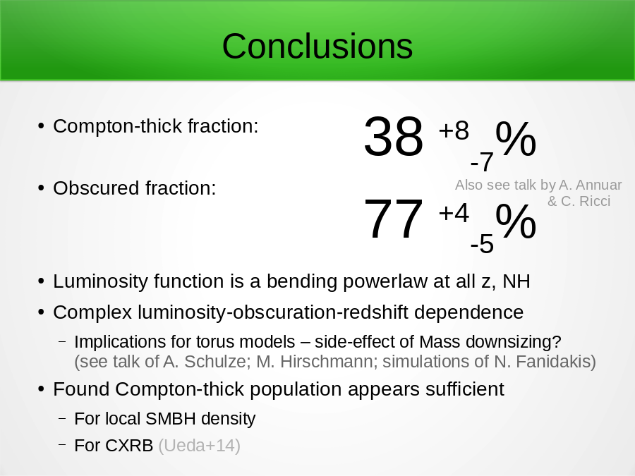 Conclusions
Compton-thick fraction:
Obscured fraction:  
Luminosity function is a bending powerlaw at all z, NH
Complex luminosity-obscuration-redshift dependence

Found Compton-thick population appears sufficient
38 +8-7%
77 +4-5%
Also see talk by A. Annuar
& C. Ricci