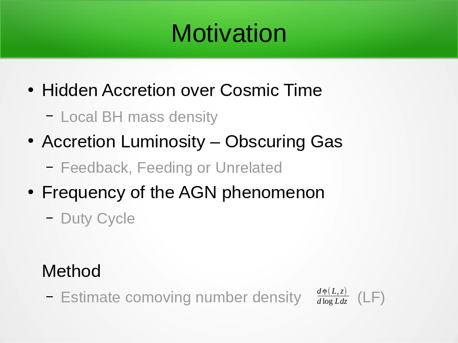 Motivation
Hidden Accretion over Cosmic Time

Accretion Luminosity – Obscuring Gas 

Frequency of the AGN phenomenon

Method
