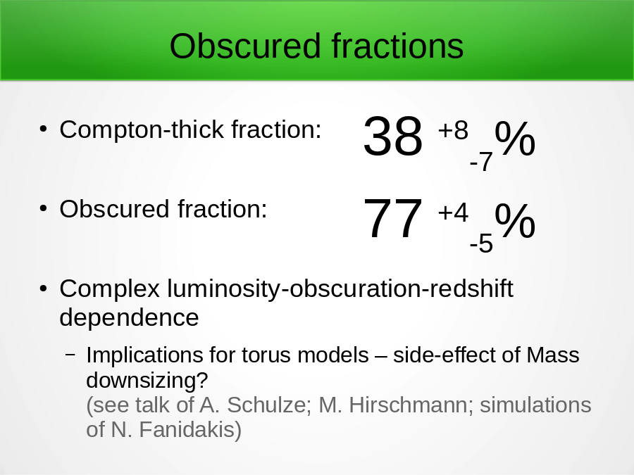 Obscured fractions
Compton-thick fraction:
Obscured fraction:  
Complex luminosity-obscuration-redshift dependence
38 +8-7%
77 +4-5%