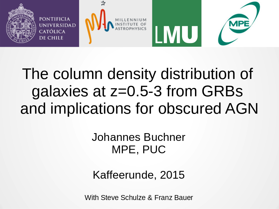 The column density distribution of 
galaxies at z=0.5-3 from GRBs 
and implications for obscured AGN
Johannes Buchner
MPE, PUC
Kaffeerunde, 2015
With Steve Schulze & Franz Bauer