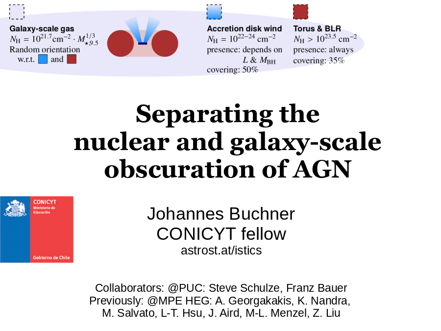 Separating the
nuclear and galaxy-scale obscuration of AGN
Johannes Buchner
CONICYT fellow
astrost.at/istics
Collaborators: @PUC: Steve Schulze, Franz Bauer
Previously: @MPE HEG: A. Georgakakis, K. Nandra, 
M. Salvato, L-T. Hsu, J. Aird, M-L. Menzel, Z. Liu