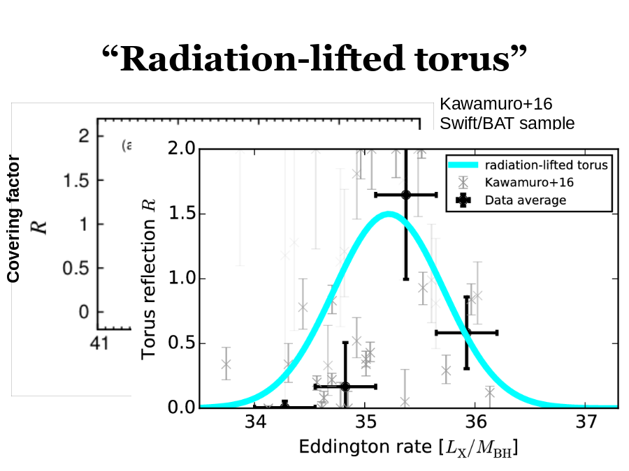 “Radiation-lifted torus”
Kawamuro+16
Swift/BAT sample
Covering factor