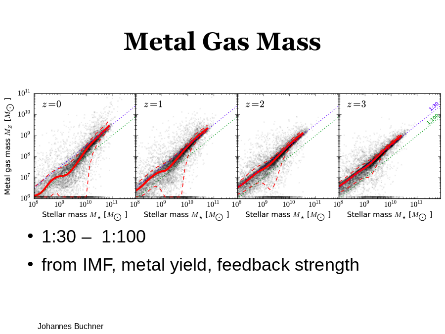 Metal Gas Mass
1:30 –  1:100 
from IMF, metal yield, feedback strength