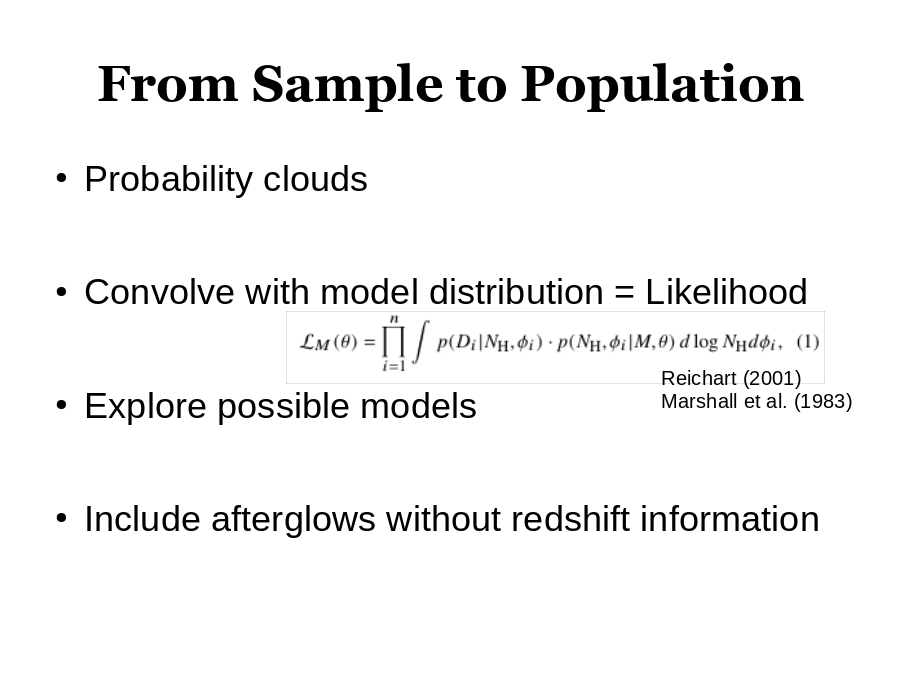 From Sample to Population
Probability clouds
Convolve with model distribution = Likelihood
Explore possible models
Include afterglows without redshift information
Reichart (2001)
Marshall et al. (1983)