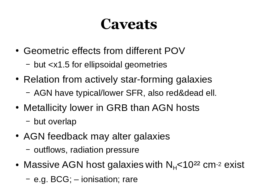 Caveats
Geometric effects from different POV

Relation from actively star-forming galaxies

Metallicity lower in GRB than AGN hosts

AGN feedback may alter galaxies

Massive AGN host galaxies with NH<10²² cm-2 exist