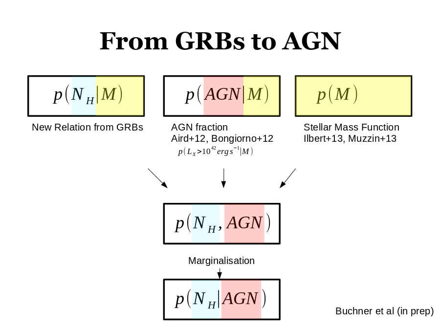From GRBs to AGN
New Relation from GRBs
AGN fraction
Aird+12, Bongiorno+12
Stellar Mass Function
Ilbert+13, Muzzin+13
Marginalisation
Buchner et al (in prep)