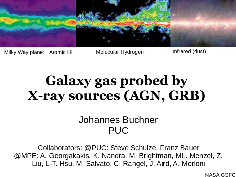 Galaxy gas probed by
X-ray sources (AGN, GRB)
Atomic HI
Molecular Hydrogen
Infrared (dust)
Milky Way plane:
NASA GSFC
Johannes Buchner
PUC
Collaborators: @PUC: Steve Schulze, Franz Bauer
@MPE: A. Georgakakis, K. Nandra, M. Brightman, ML. Menzel, Z. Liu, L-T. Hsu, M. Salvato, C. Rangel, J. Aird, A. Merloni