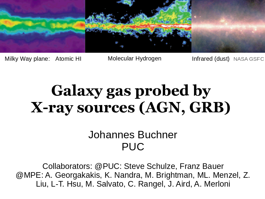 Galaxy gas probed by
X-ray sources (AGN, GRB)
Atomic HI
Molecular Hydrogen
Infrared (dust)
Milky Way plane:
NASA GSFC
Johannes Buchner
PUC
Collaborators: @PUC: Steve Schulze, Franz Bauer
@MPE: A. Georgakakis, K. Nandra, M. Brightman, ML. Menzel, Z. Liu, L-T. Hsu, M. Salvato, C. Rangel, J. Aird, A. Merloni