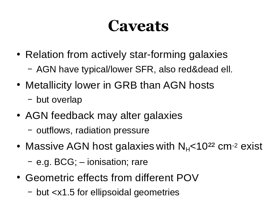 Caveats
Relation from actively star-forming galaxies

Metallicity lower in GRB than AGN hosts

AGN feedback may alter galaxies

Massive AGN host galaxies with NH<10²² cm-2 exist

Geometric effects from different POV