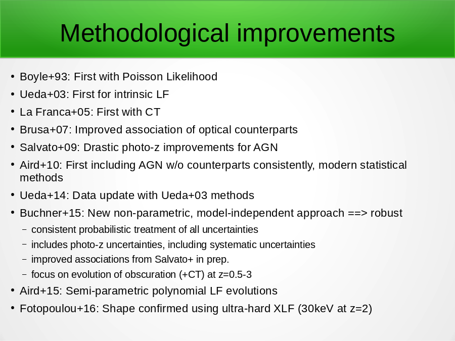 Methodological improvements
Boyle+93: First with Poisson Likelihood
Ueda+03: First for intrinsic LF
La Franca+05: First with CT
Brusa+07: Improved association of optical counterparts
Salvato+09: Drastic photo-z improvements for AGN
Aird+10: First including AGN w/o counterparts consistently, modern statistical methods
Ueda+14: Data update with Ueda+03 methods
Buchner+15: New non-parametric, model-independent approach ==> robust

Aird+15: Semi-parametric polynomial LF evolutions
Fotopoulou+16: Shape confirmed using ultra-hard XLF (30keV at z=2)