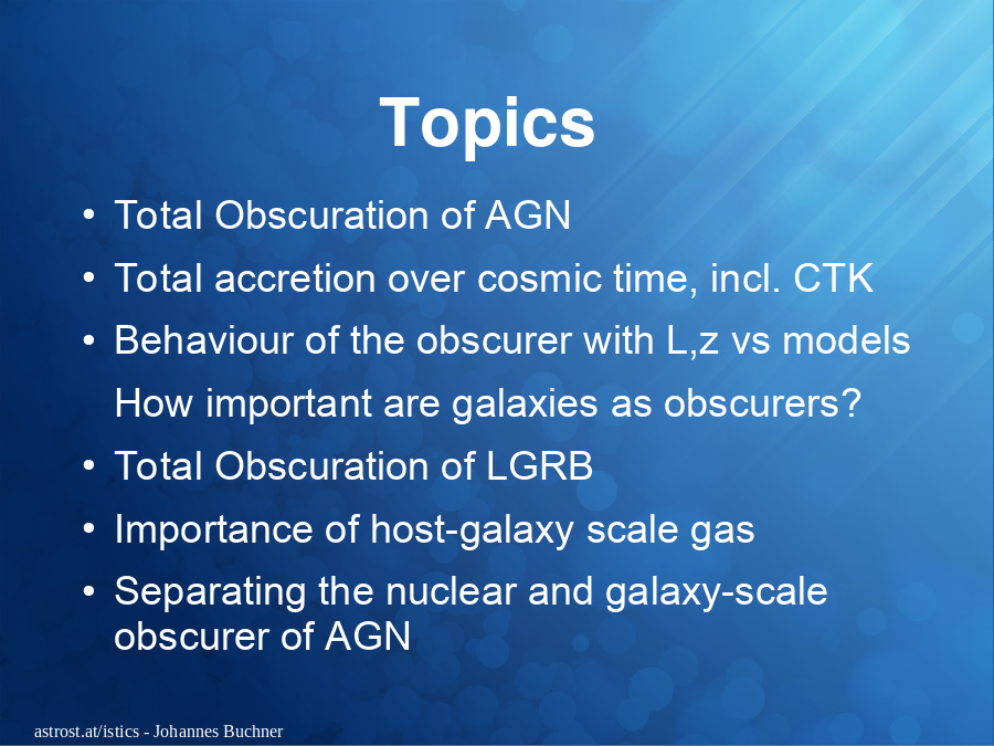 Topics
Total Obscuration of AGN
Total accretion over cosmic time, incl. CTK
Behaviour of the obscurer with L,z vs models
How important are galaxies as obscurers?
Total Obscuration of LGRB
Importance of host-galaxy scale gas
Separating the nuclear and galaxy-scale obscurer of AGN