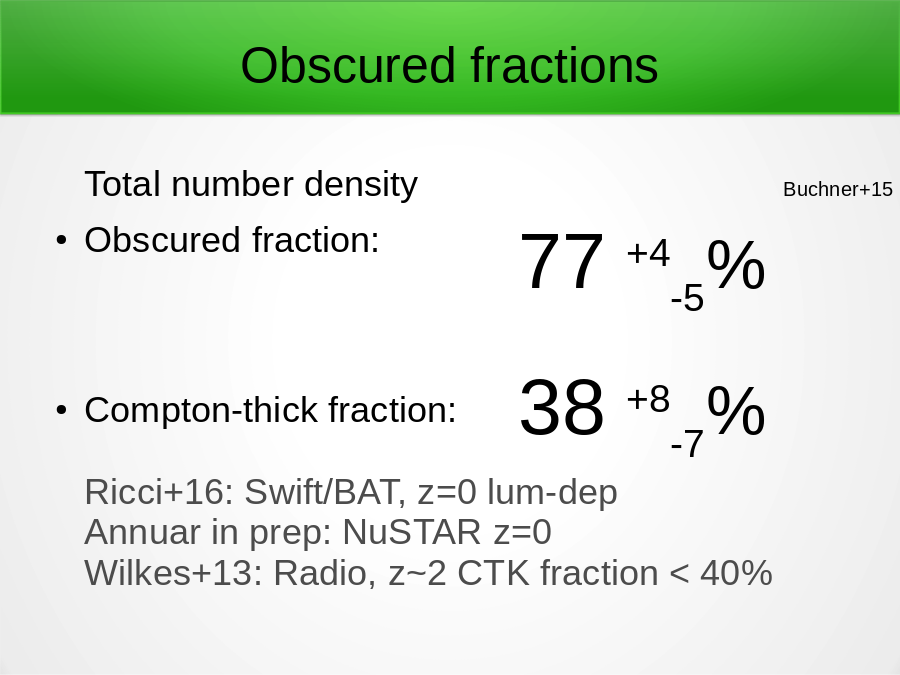 Obscured fractions
Total number density
Obscured fraction:  
Compton-thick fraction:
Ricci+16: Swift/BAT, z=0 lum-dep
Annuar in prep: NuSTAR z=0
Wilkes+13: Radio, z~2 CTK fraction < 40%
38 +8-7%
77 +4-5%
Buchner+15