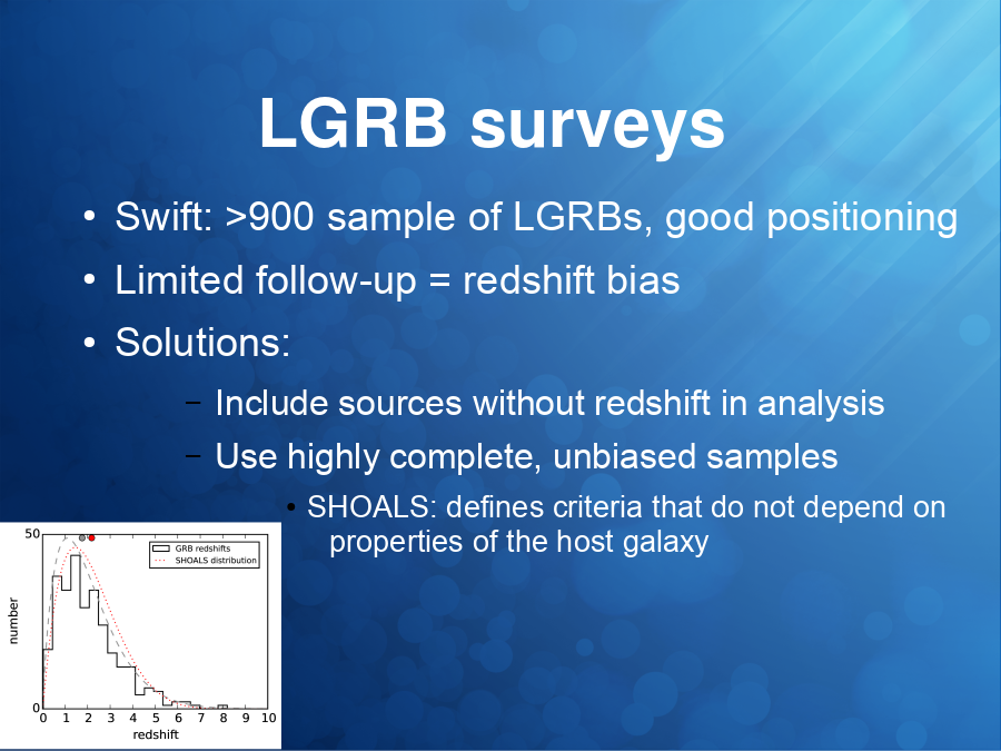 LGRB surveys
Swift: >900 sample of LGRBs, good positioning
Limited follow-up = redshift bias
Solutions: