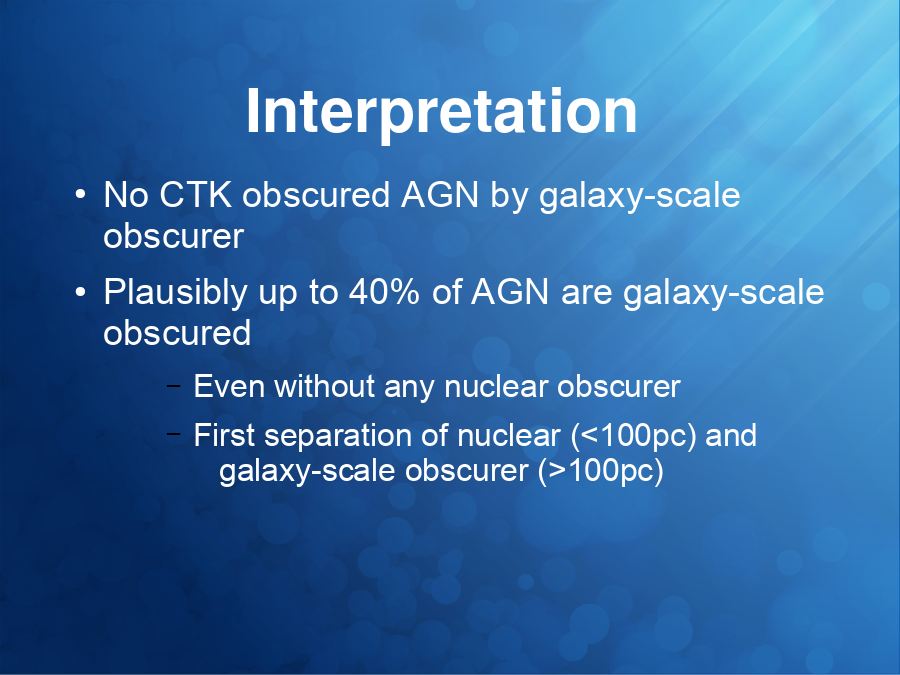 Interpretation
No CTK obscured AGN by galaxy-scale obscurer
Plausibly up to 40% of AGN are galaxy-scale obscured