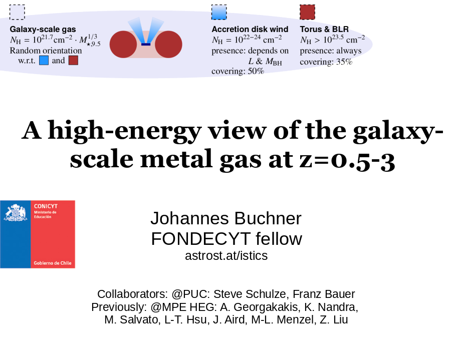 A high-energy view of the galaxy-scale metal gas at z=0.5-3
Johannes Buchner
FONDECYT fellow
astrost.at/istics
Collaborators: @PUC: Steve Schulze, Franz Bauer
Previously: @MPE HEG: A. Georgakakis, K. Nandra, 
M. Salvato, L-T. Hsu, J. Aird, M-L. Menzel, Z. Liu