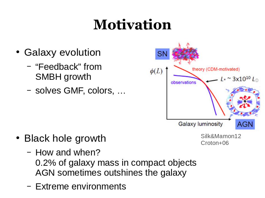 Motivation
Galaxy evolution

Black hole growth
Silk&Mamon12
Croton+06