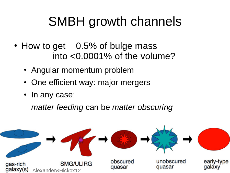 SMBH growth channels
How to	get    0.5% of bulge mass 
           	into <0.0001% of the volume?
Alexander&Hickox12