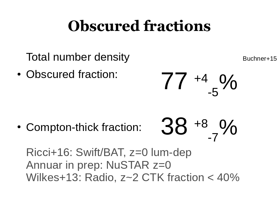 Obscured fractions
Total number density
Obscured fraction:  
Compton-thick fraction:
Ricci+16: Swift/BAT, z=0 lum-dep
Annuar in prep: NuSTAR z=0
Wilkes+13: Radio, z~2 CTK fraction  40%
38 +8-7%
77 +4-5%
Buchner+15