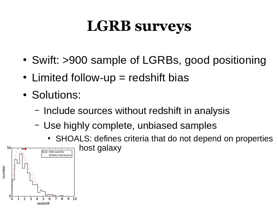 LGRB surveys
Swift: 900 sample of LGRBs, good positioning
Limited follow-up = redshift bias
Solutions: