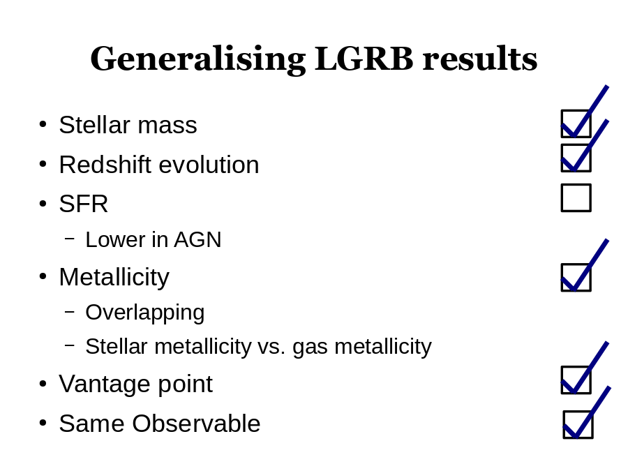 Generalising LGRB results
Stellar mass
Redshift evolution
SFR

Metallicity

Vantage point
Same Observable