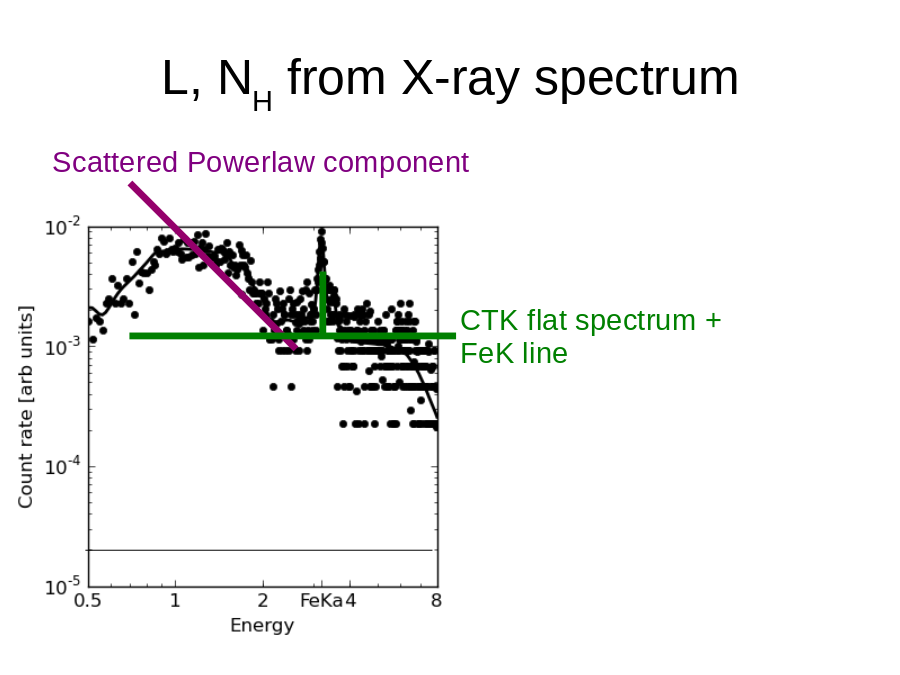L, NH from X-ray spectrum
Scattered Powerlaw component
CTK flat spectrum + FeK line