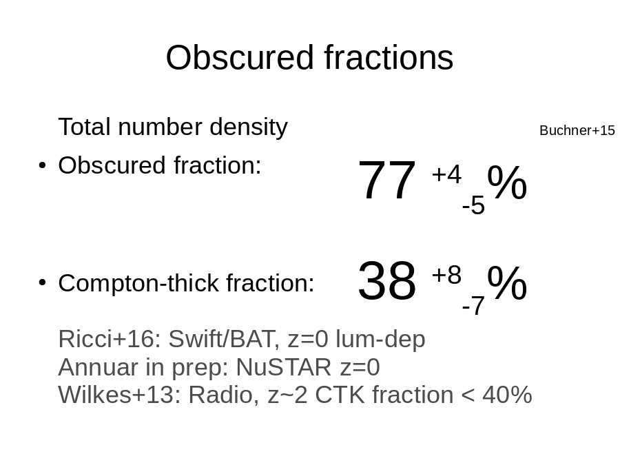 Obscured fractions
Total number density
Obscured fraction:  
Compton-thick fraction:
Ricci+16: Swift/BAT, z=0 lum-dep
Annuar in prep: NuSTAR z=0
Wilkes+13: Radio, z~2 CTK fraction < 40%
38 +8-7%
77 +4-5%
Buchner+15