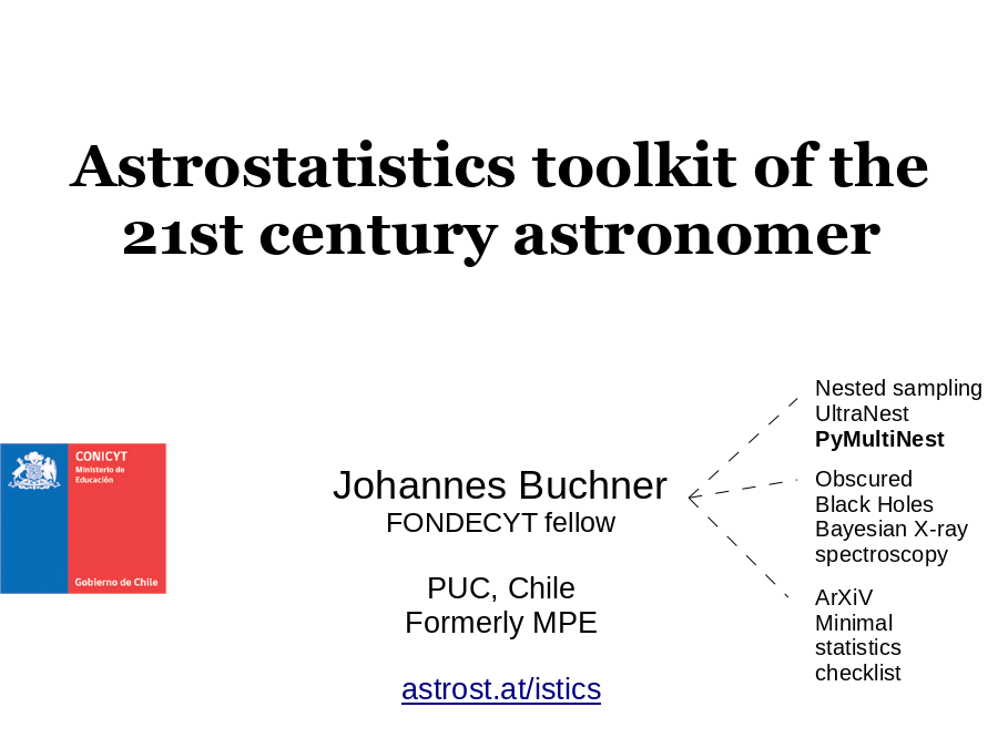 Astrostatistics toolkit of the 21st century astronomer
Johannes Buchner
FONDECYT fellow
PUC, Chile
Formerly MPE
astrost.at/istics
Nested sampling
UltraNest
PyMultiNest
Obscured Black Holes
Bayesian X-ray spectroscopy
ArXiV
Minimal statistics checklist