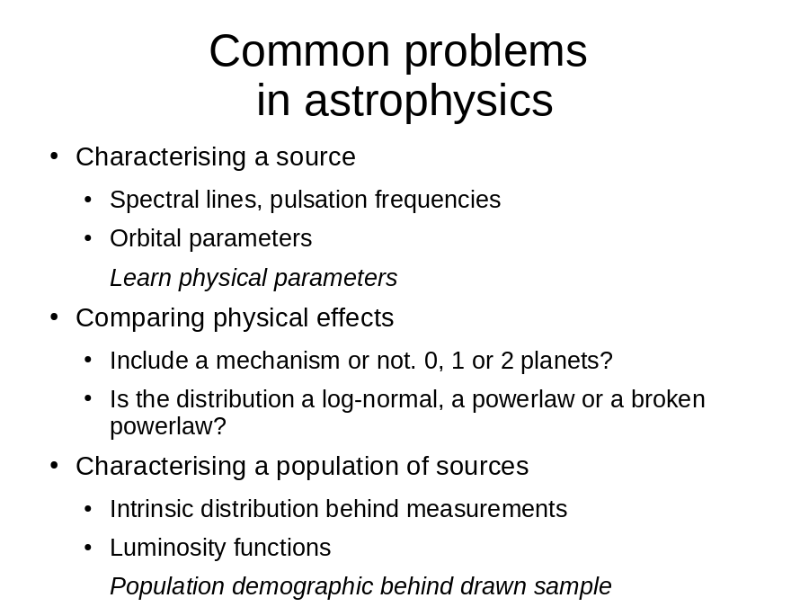 Common problems 
in astrophysics
Characterising a source

Comparing physical effects

Characterising a population of sources