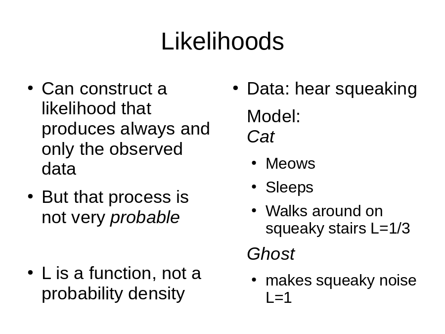 Likelihoods
Can construct a likelihood that produces always and only the observed data  
But that process is not very 

L is a function, not a probability density
Data: hear squeaking
Model: