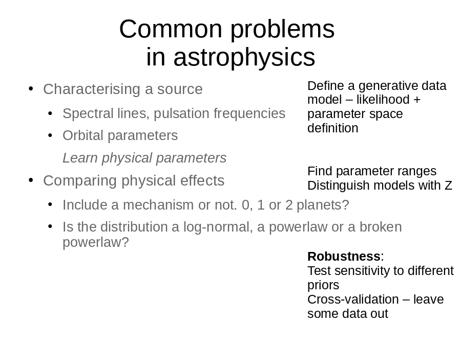 Common problems 
in astrophysics
Characterising a source

Comparing physical effects
Define a generative data model – likelihood + parameter space definition
Find parameter ranges
Distinguish models with Z
Robustness
:
Test sensitivity to different priors
Cross-validation – leave some data out