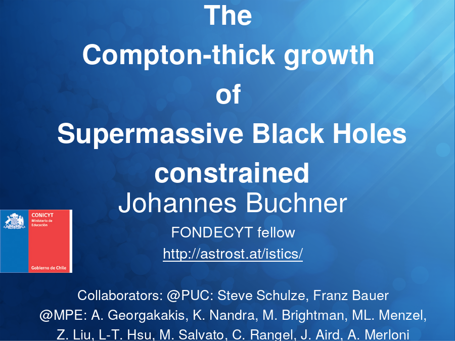 The 
Compton-thick growth 
of 
Supermassive Black Holes constrained
Johannes Buchner
FONDECYT fellow
Collaborators: @PUC: Steve Schulze, Franz Bauer
@MPE: A. Georgakakis, K. Nandra, M. Brightman, ML. Menzel, Z. Liu, L-T. Hsu, M. Salvato, C. Rangel, J. Aird, A. Merloni