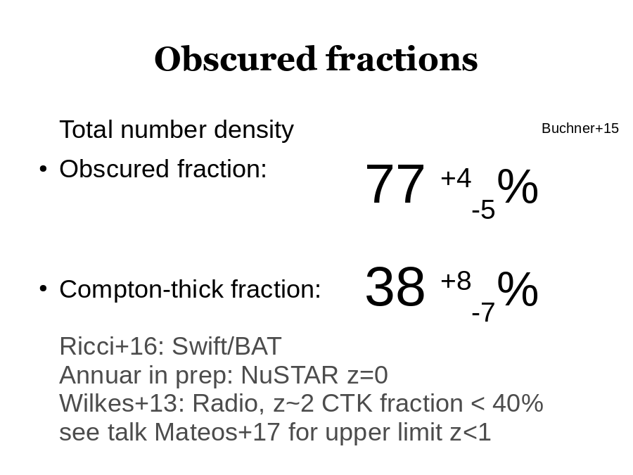 Obscured fractions
Total number density
Obscured fraction:  
Compton-thick fraction:
Ricci+16: Swift/BAT
Annuar in prep: NuSTAR z=0
Wilkes+13: Radio, z~2 CTK fraction  40%
see talk Mateos+17 for upper limit z1
38 +8-7%
77 +4-5%
Buchner+15