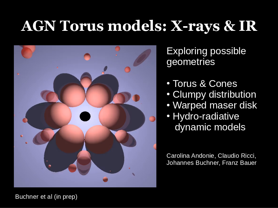 AGN Torus models: X-rays & IR
Exploring possible geometries
Torus & Cones
 Clumpy distribution
 Warped maser disk
 Hydro-radiative
   dynamic models
Carolina Andonie, Claudio Ricci,
Johannes Buchner, Franz Bauer
Buchner et al (in prep)