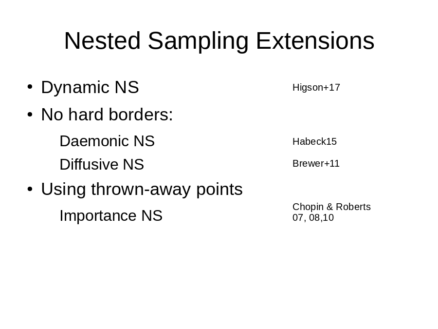 Nested Sampling Extensions
Dynamic NS
No hard borders: 

Using thrown-away points
Higson+17
Habeck15
Chopin & Roberts 07, 08,10
Brewer+11