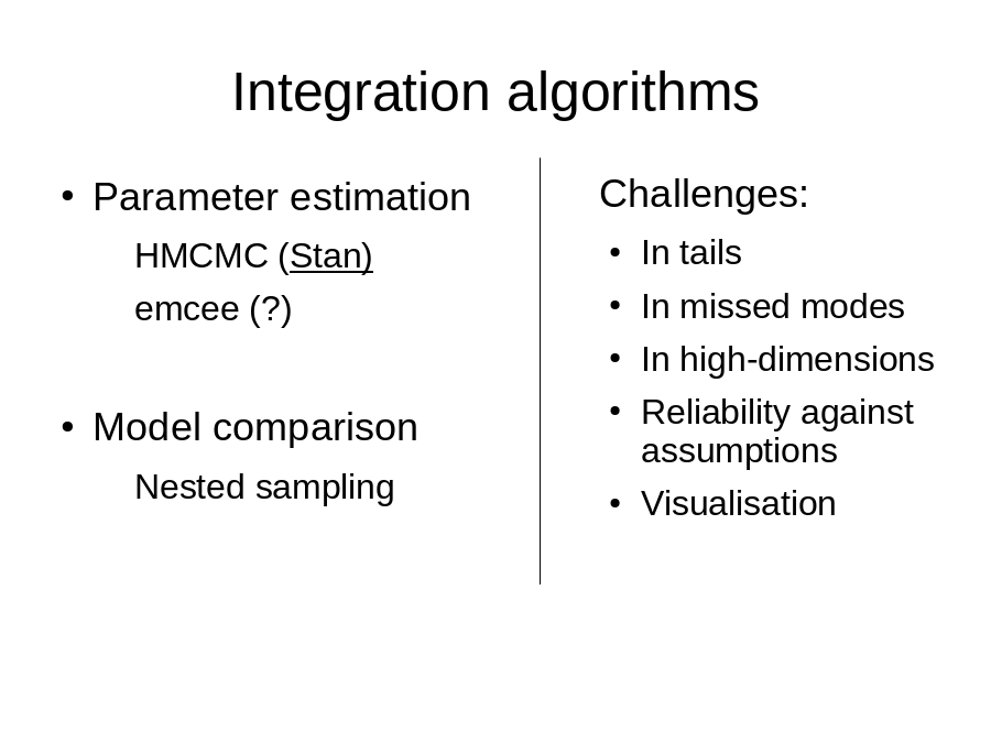Integration algorithms
Parameter estimation

Model comparison
Challenges: