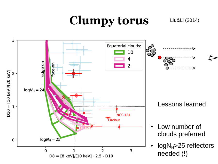 Clumpy torus
Liu&Li (2014)
Lessons learned:
Low number of clouds preferred
logNH>25 reflectors needed (!)