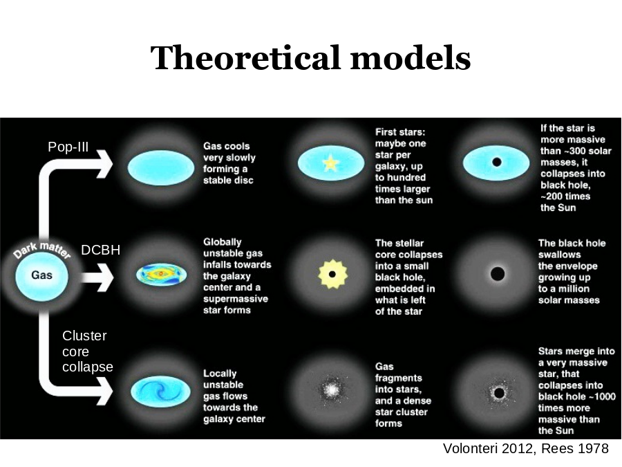 Theoretical models
Volonteri 2012, Rees 1978
Pop-III
DCBH
Cluster core collapse