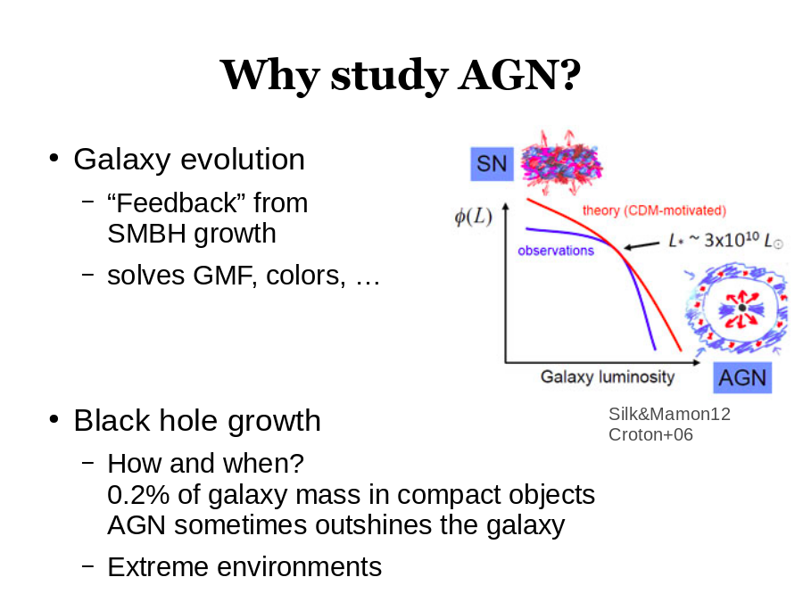 Why study AGN?
Galaxy evolution

Black hole growth
Silk&Mamon12
Croton+06