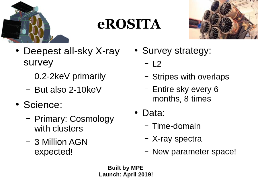 eROSITA
Deepest all-sky X-ray survey

Science:
Survey strategy:

Data:
Built by MPE
Launch: April 2019!