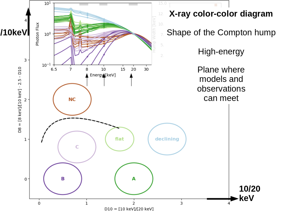 8/10keV
10/20
keV
X-ray color-color diagram
Shape of the Compton hump
High-energy
Plane where
models and
observations
can meet