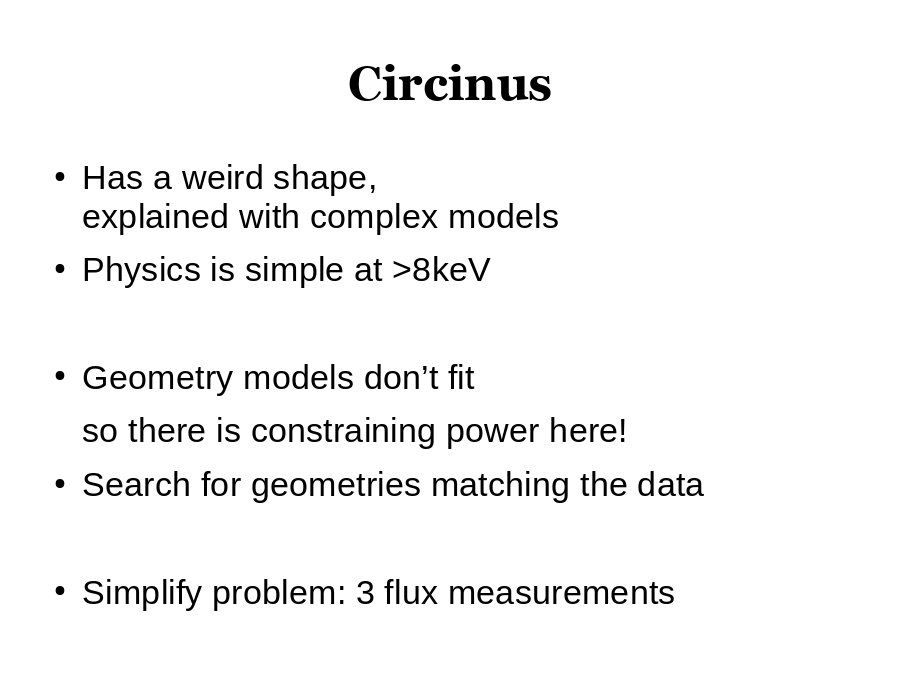 Circinus
Has a weird shape, 
explained with complex models
Physics is simple at >8keV
Geometry models don’t fit
so there is constraining power here!
Search for geometries matching the data
Simplify problem: 3 flux measurements