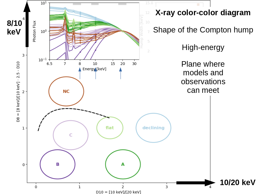 8/10
keV
10/20 keV
X-ray color-color diagram
Shape of the Compton hump
High-energy
Plane where
models and
observations
can meet