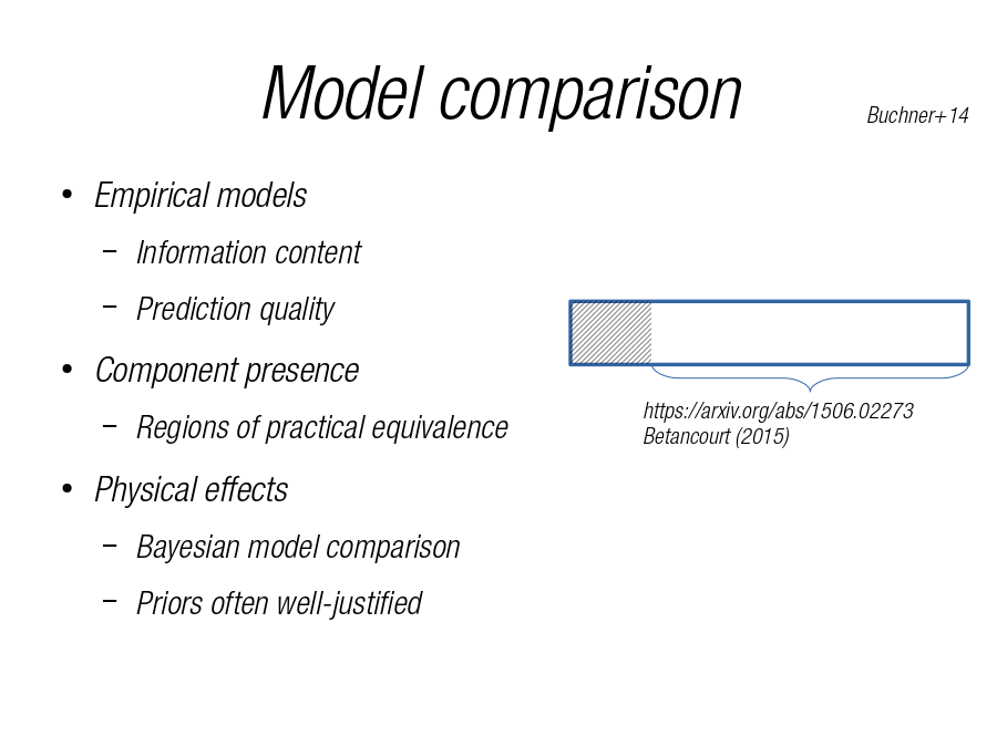 Model comparison
Empirical models

Component presence

Physical effects
https://arxiv.org/abs/1506.02273
Betancourt (2015)
Buchner+14