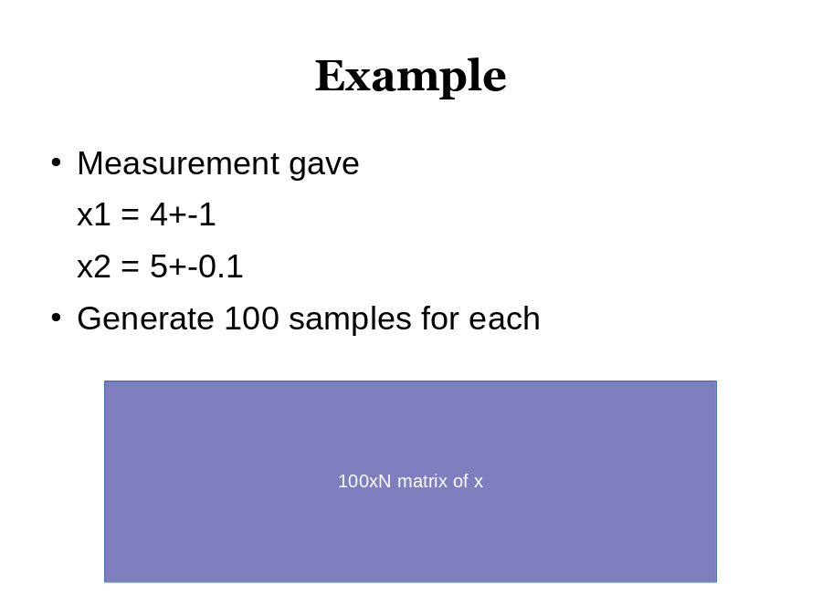 Example
Measurement gave
x1 = 4+-1
x2 = 5+-0.1
Generate 100 samples for each
100xN matrix of x