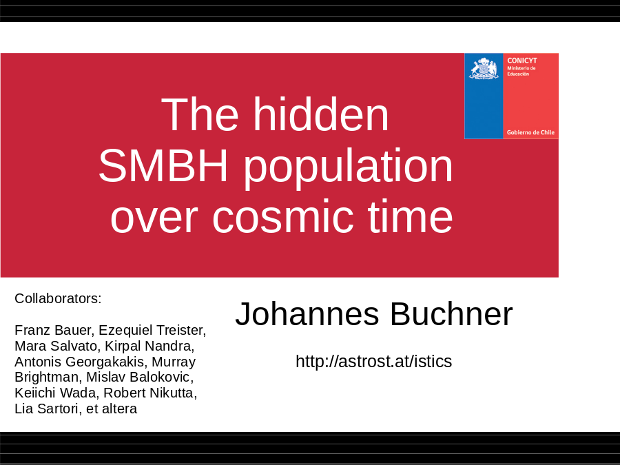 The hidden 
SMBH population 
over cosmic time
Johannes Buchner
http://astrost.at/istics
Collaborators:
Franz Bauer, Ezequiel Treister,
Mara Salvato, Kirpal Nandra, 
Antonis Georgakakis, Murray Brightman, Mislav Balokovic,
Keiichi Wada, Robert Nikutta, 
Lia Sartori, et altera