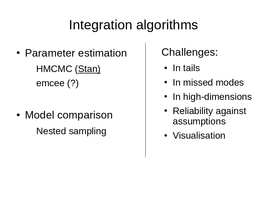 Integration algorithms
Parameter estimation

Model comparison
Challenges: