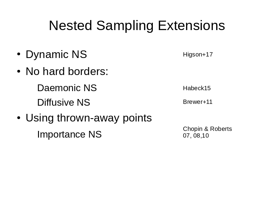 Nested Sampling Extensions
Dynamic NS
No hard borders: 

Using thrown-away points
Higson+17
Habeck15
Chopin & Roberts 07, 08,10
Brewer+11