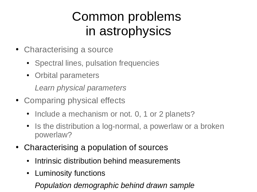 Common problems 
in astrophysics
Characterising a source

Comparing physical effects

Characterising a population of sources